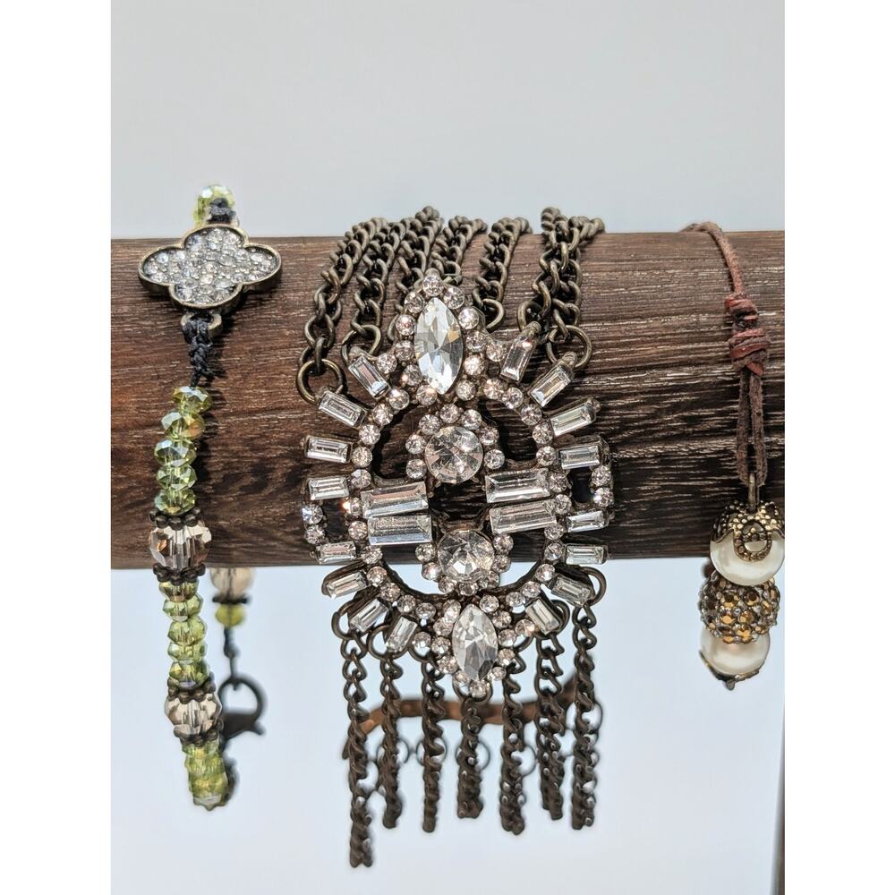 Bronze Metal Lot of Three Rhinestone Crystal Faux Pearl Bracelets